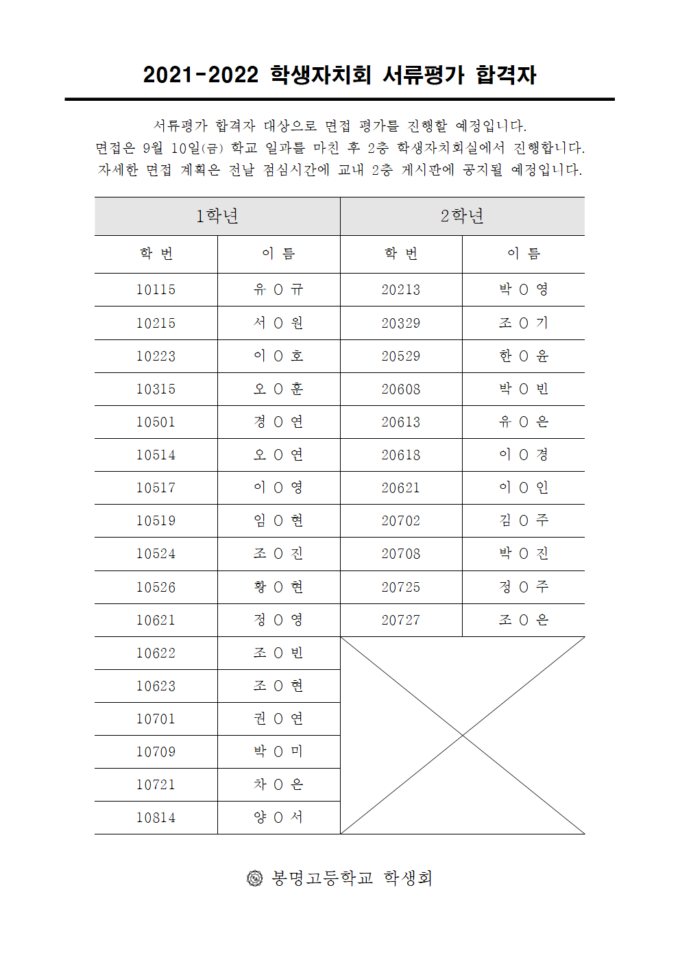 학생회 1차 합격자 발표